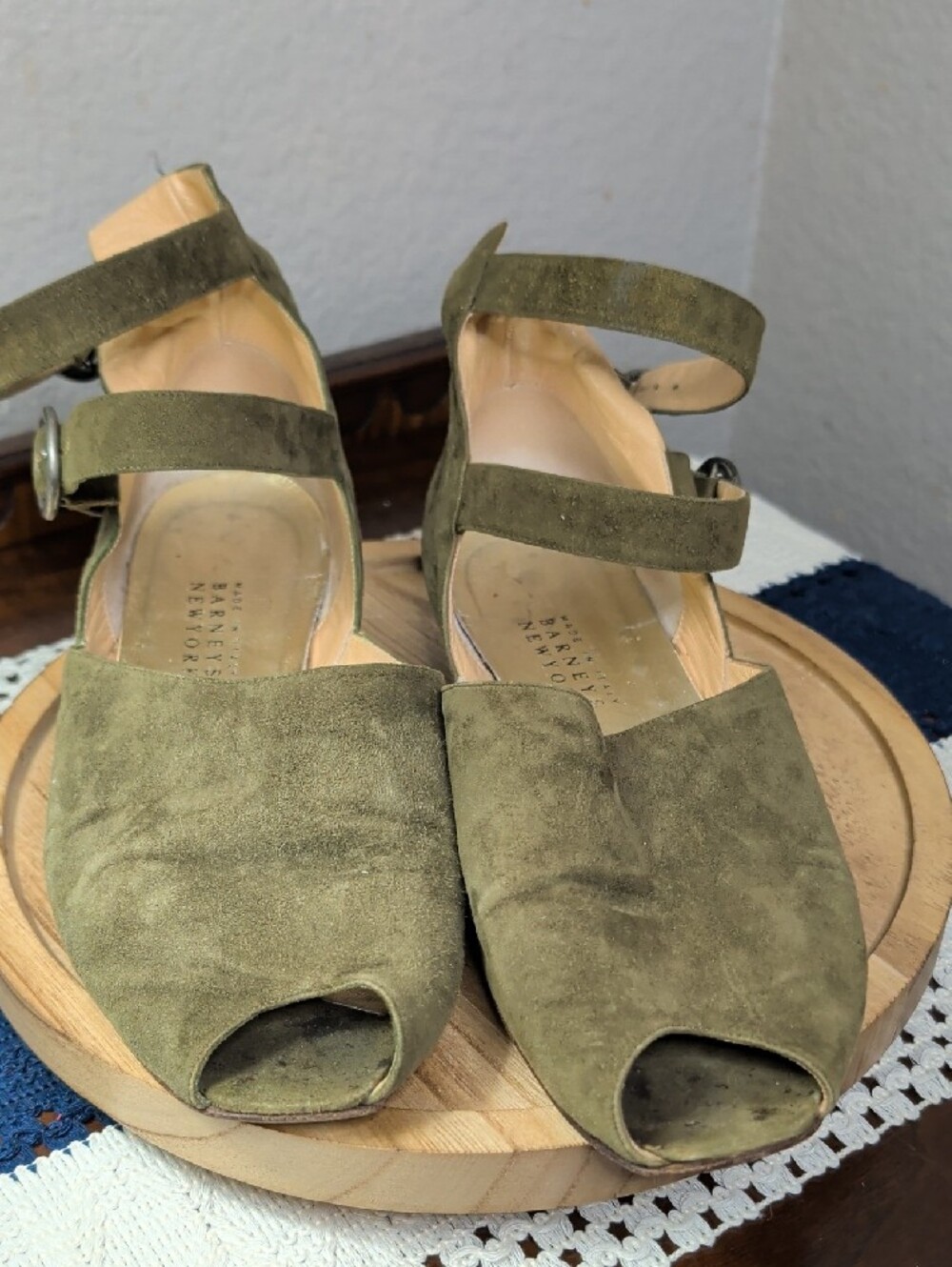 Vintage Barney's Olive Green Suede Women's Peep-Toe Flats with Ankle Strap